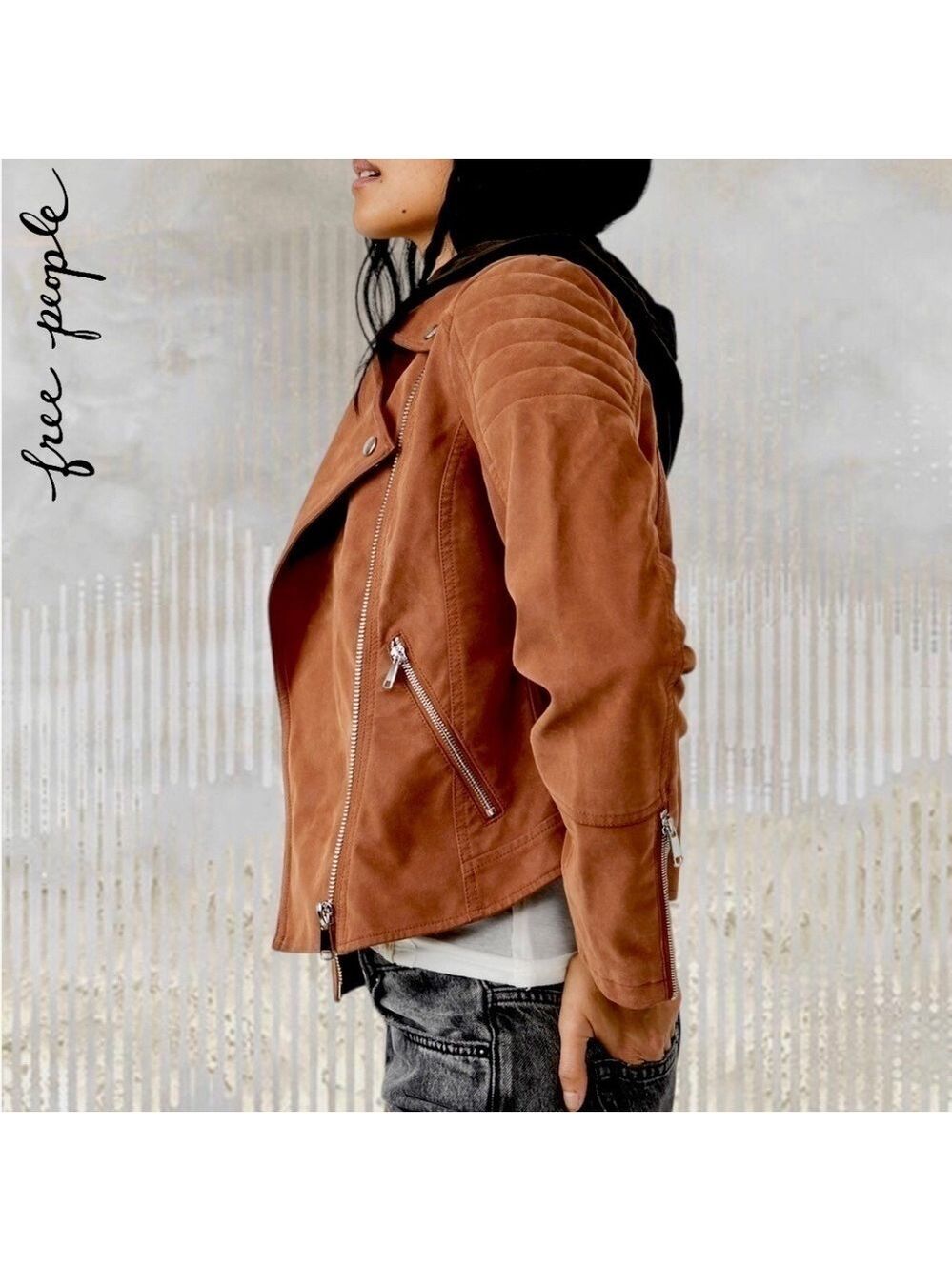 FREE PEOPLE NWT Harriett Moto-Style Brown Vegan Suede, Black Hood Jacket/Md - Picture 4 of 16